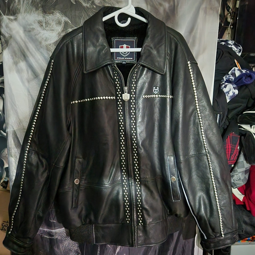 1 Of 1 Phat Farm Limited Edition Studded Premium Leather Coat Fur Lined 2X - Picture 1 of 14